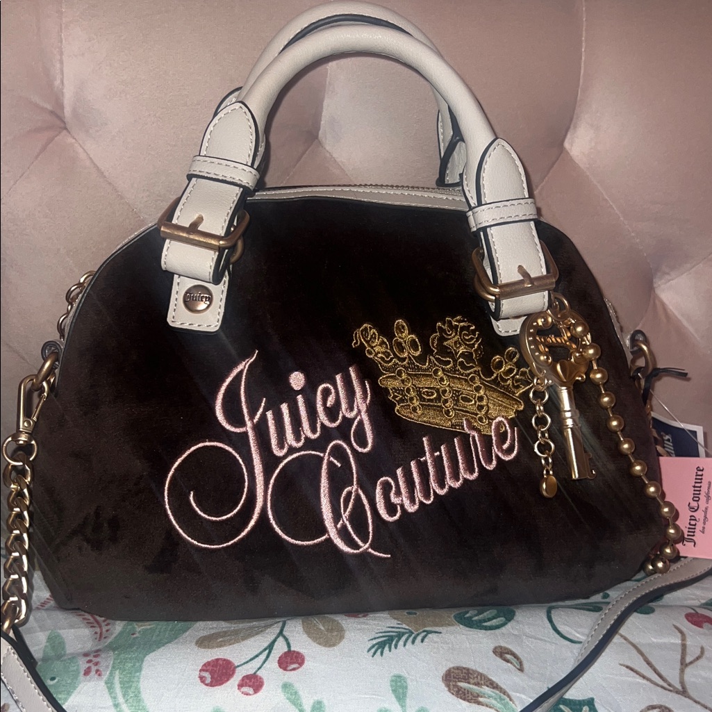Juicy Couture Brown Velvet Satchel With White Handles And Gold Accents